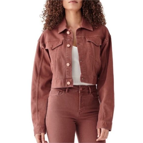 XS DL1961 X Marianna Hewitt brown denim cropped jean jacket, rose gold buttons - Picture 2 of 6